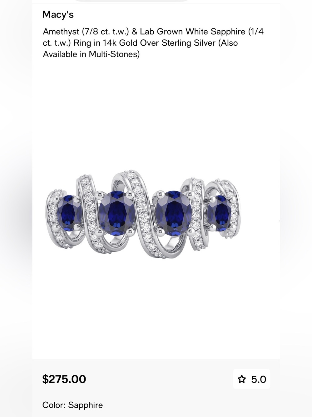 Sterling Silver Blue Sapphire & Crystal Swirl Ring